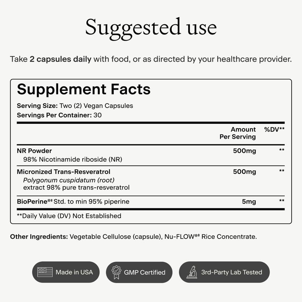 OMRE Nicotinamide Riboside + Resveratrol NAD Supplement Supports Aging, Energy & Cell Regeneration, 98% Pure 500mg NR & 500mg Micronized Resveratrol, 60 Capsules