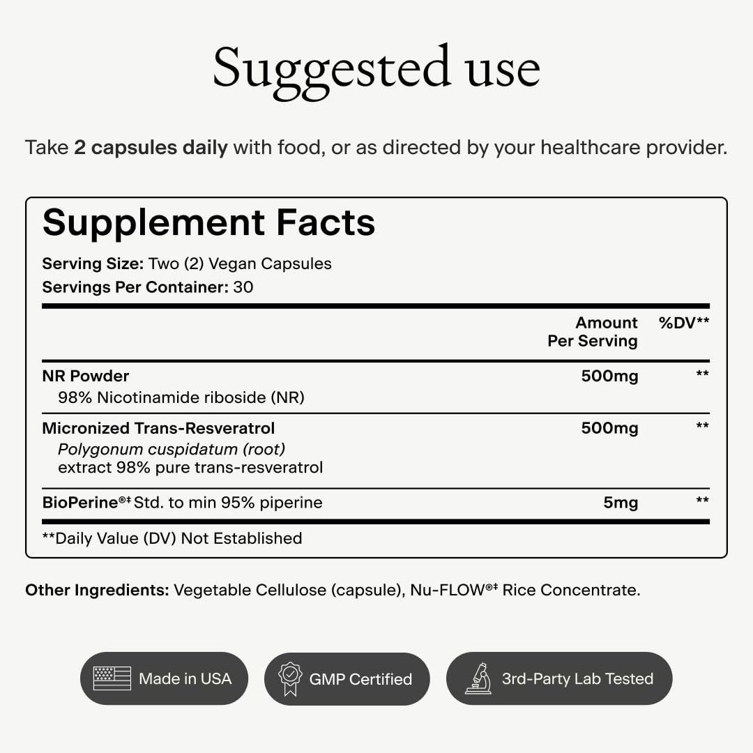 OMRE Nicotinamide Riboside + Resveratrol NAD Supplement Supports Aging, Energy & Cell Regeneration, 98% Pure 500mg NR & 500mg Micronized Resveratrol, 60 Capsules