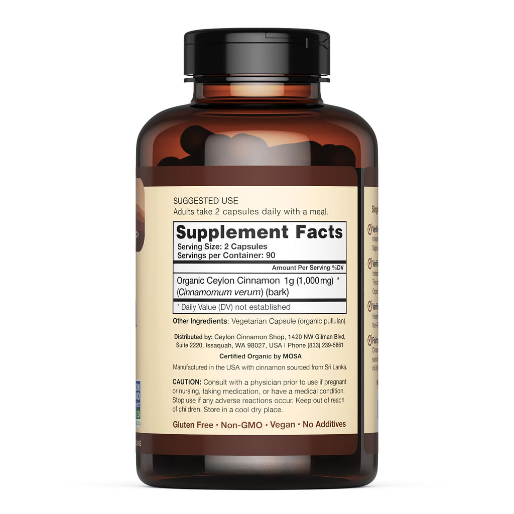 Organic Ceylon Cinnamon Capsules, USDA Certified Supplement - 180 Count