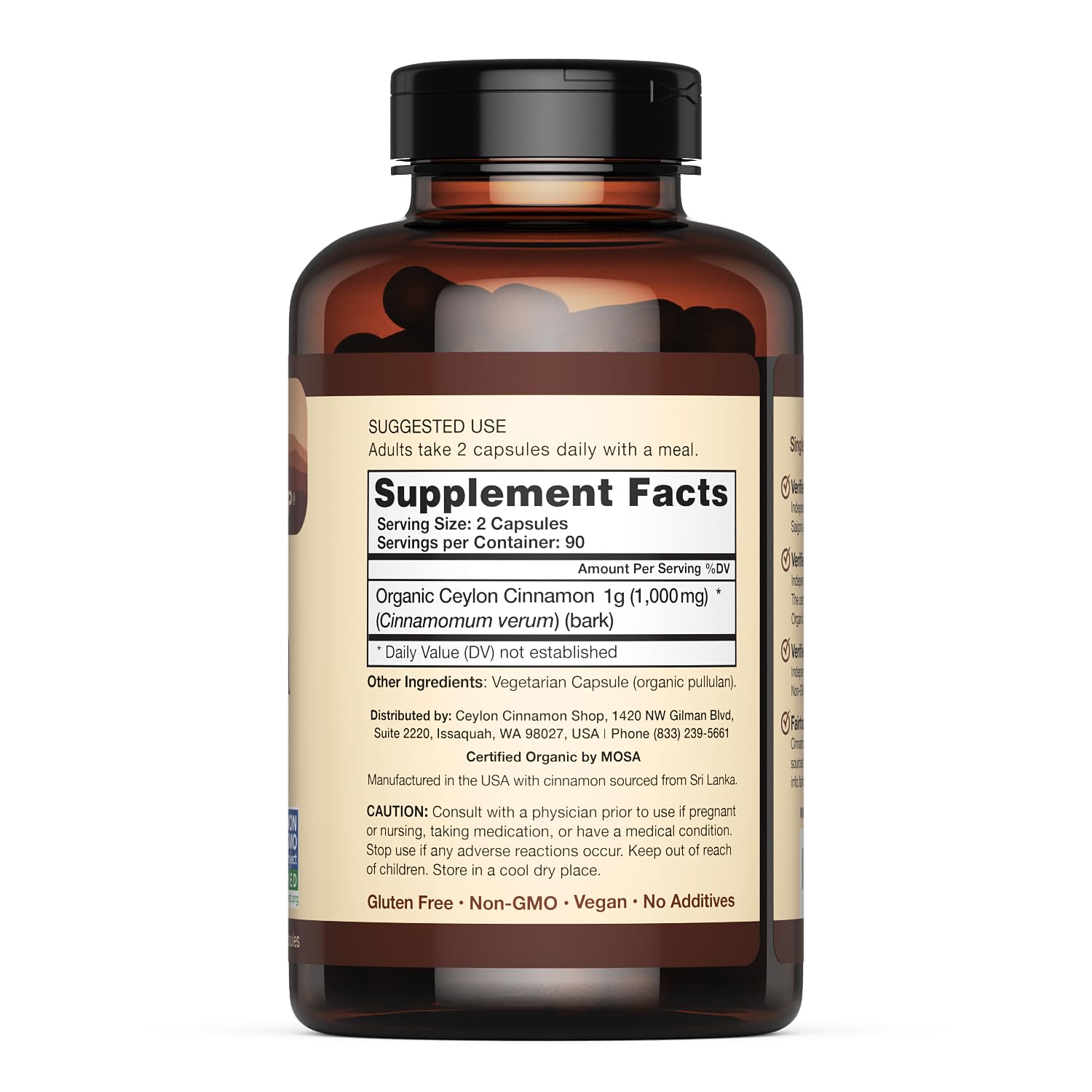 Organic Ceylon Cinnamon Capsules, USDA Certified Supplement - 180 Count