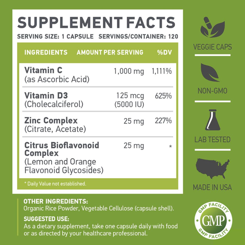 MUSCLE FOOD LABS 2 Pack, C D Z | Vitamin C, 1000mg | Vitamin D3, 125mcg | Zinc, 25mg | Non-GMO & Gluten Free | 240 Servings