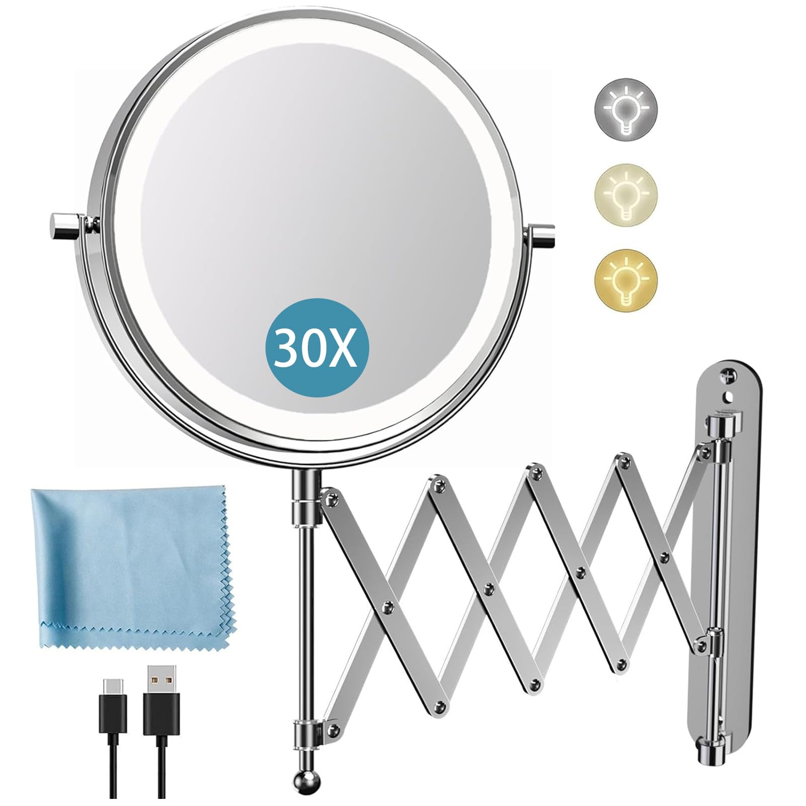 5000mAh Rechargeable Wall Mounted Makeup Mirror - 8 Inch Double Sided 1X/30X Magnifying Mirror with 3 Color Lights Dimmable Touch Screen, 360°Swivel 19.6 Inch Extendable Accordion Bathroom Mirror