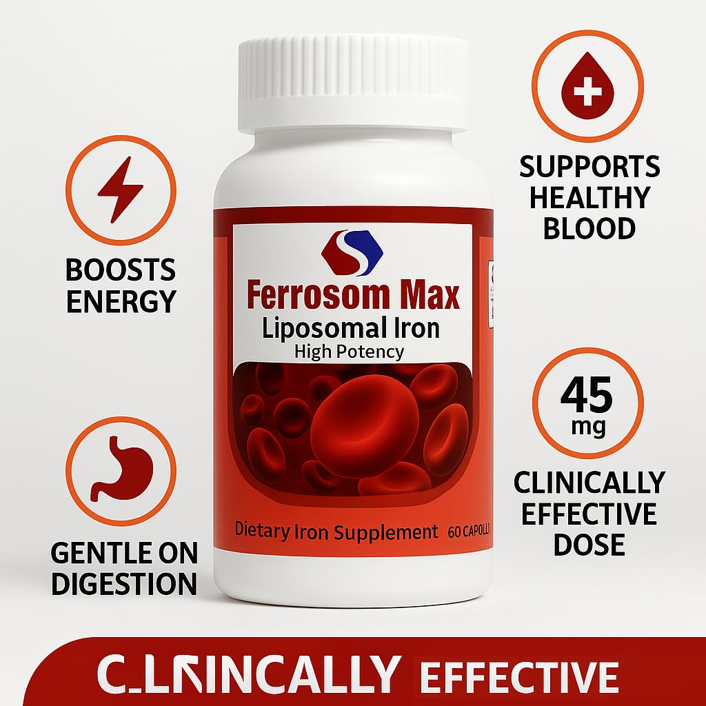 Ferrosom Max Liposomal Iron Supplement 60 Capsules (45mg Pure Elemental Iron) by Siba Pharm | Maximum Absorption Formula | Non GMO, Vegan, Premium Quality | Helps New Blood Cell Production.
