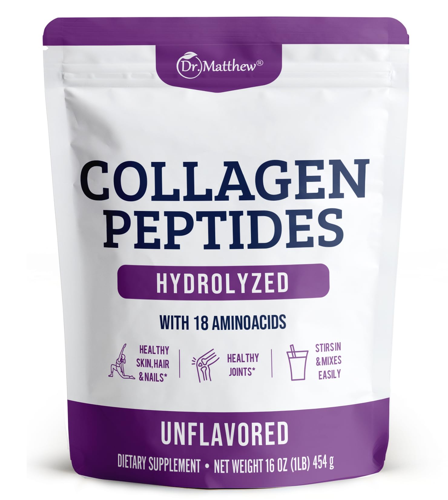 Dr. Matthew Hydrolyzed Collagen Peptides Powder - Unflavored & Grass Fed Protein Supplement for Hair, Skin, Joints - Non-GMO, Keto-Friendly, Type 1 and 3, for Women and Men