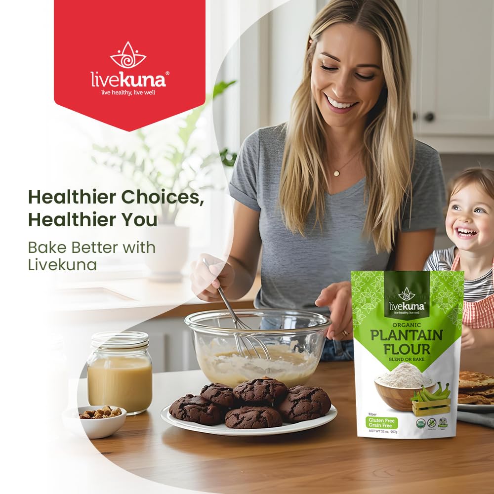 LiveKuna Organic Plantain Flour - Gluten Free All Purpose Flour Alternative For Baking & Cooking Recipes - Grain Free Vegan Plantain Flour, Rich In Fiber & Vitamins for Keto & Paleo Diets, 32oz Bag