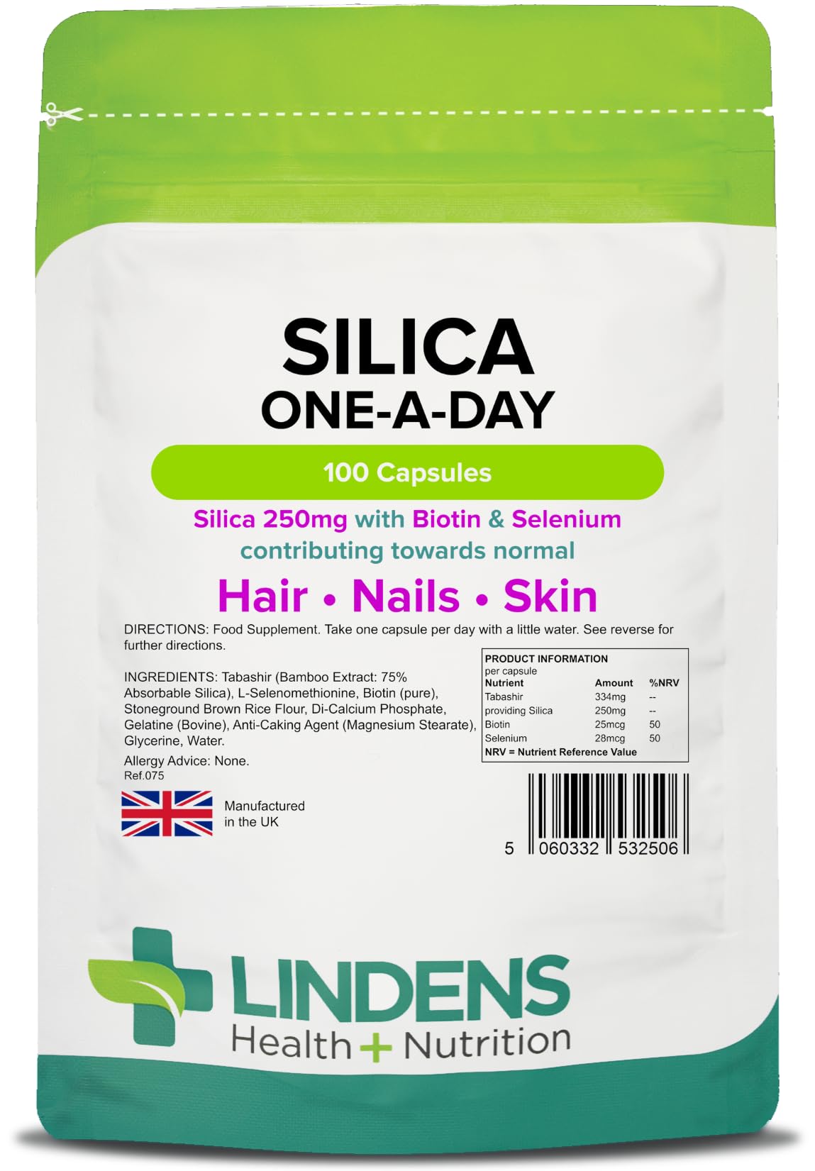 Silica; 250mg; 100 Capsules 1 a day, for Hair and Nails - adds strength and shine - super high strength by Lindens