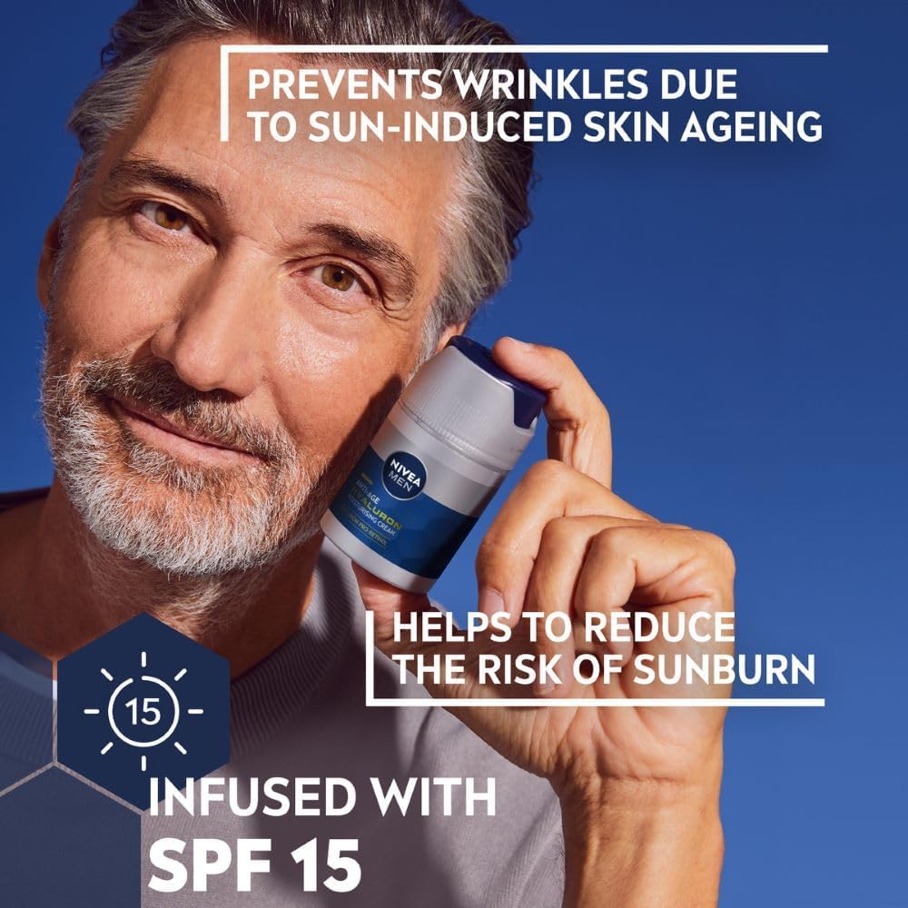 NIVEA MEN Anti-Age Hyaluron SPF15 Moisturising Face Cream (50ml), Anti Wrinkle Face Cream with Hyaluronic Acid and Pro-Retinol, Men's Moisturiser Visibly Reduces Deep Wrinkles and Firms Skin
