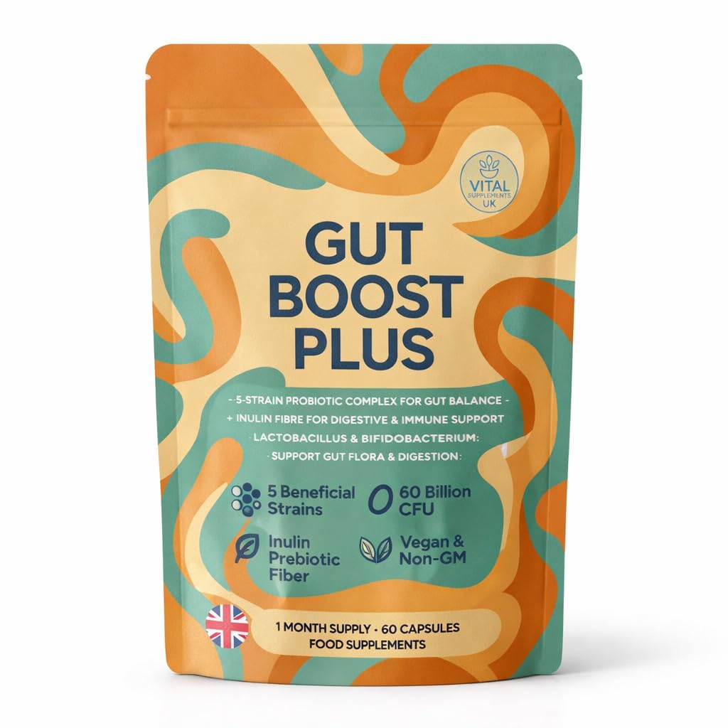 Gut Boost Plus – 5-Strain Probiotic & Inulin Prebiotic | 60 Billion CFU | Digestive Balance, Gut Flora & Immune Support | Slow-Release Vegan Capsules | UK Manufactured Supplement, 60 Capsules