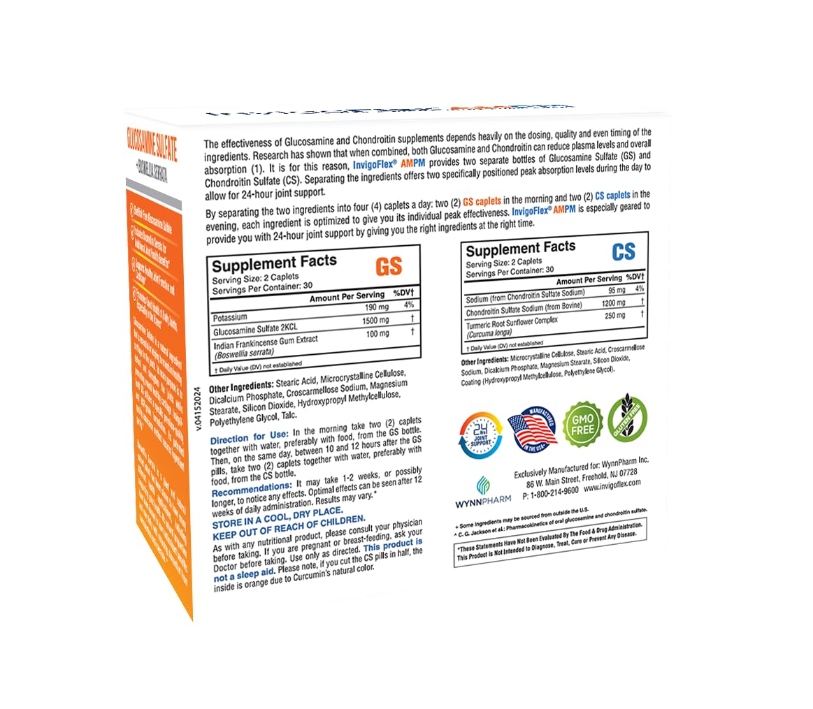 INVIGOFLEX® AMPM - Glucosamine & Chondroitin Sulfate - Turmeric Curcumin - Boswellia Serrata (Non GMO) for Knees, Hands, Back and Hip 24 - Hour Premium Joint Supplement