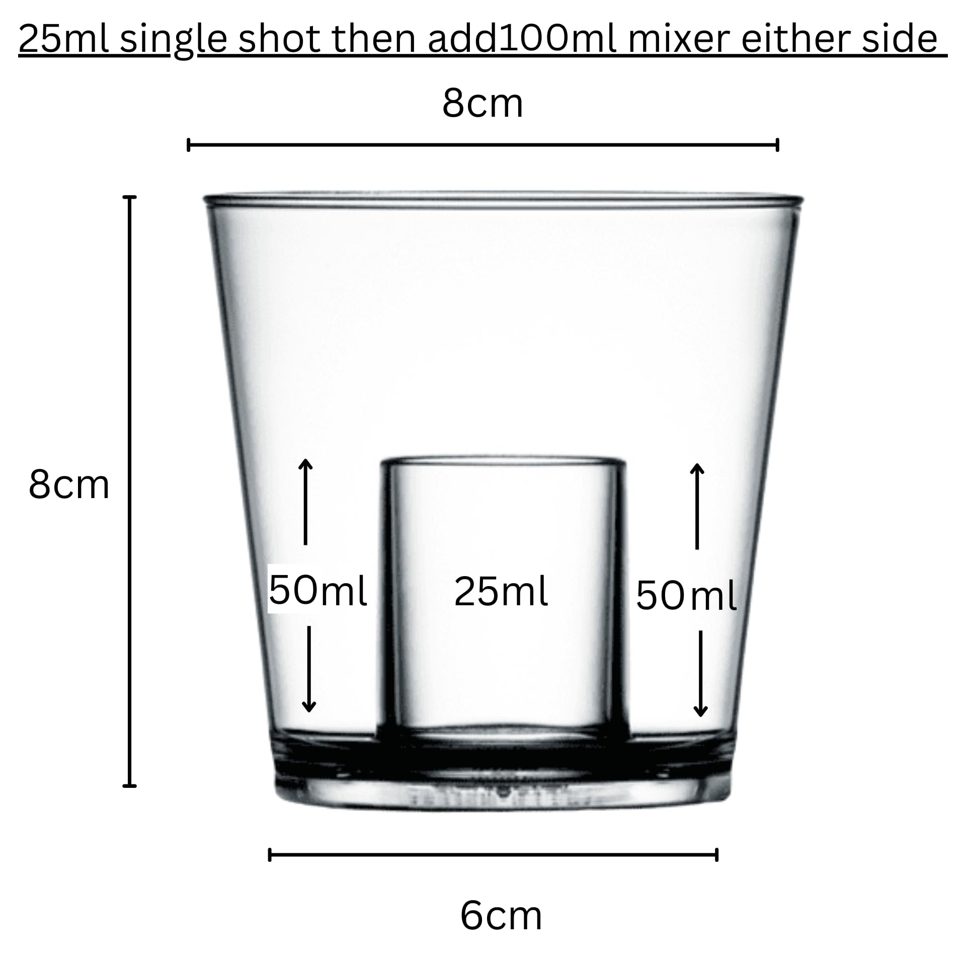 AIOS Unbreakable Polycarbonate Bomb Shot. Capacity 25ml Shot with 100ml Chaser (UKCA Marked). Aka: Bomb Cups, Jager Bomb Cups, Reusable Bomb Shot. (12)