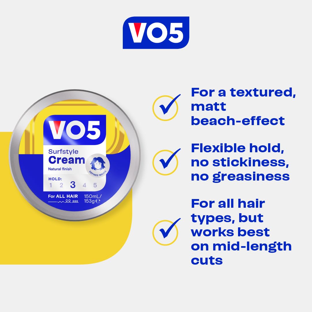 VO5 SurfStyle Cream, Hair Styling Product for Matt, Textured Styles, Touchable Hold, Ideal for Messy & Beach Effects, Defines Waves, 150ml