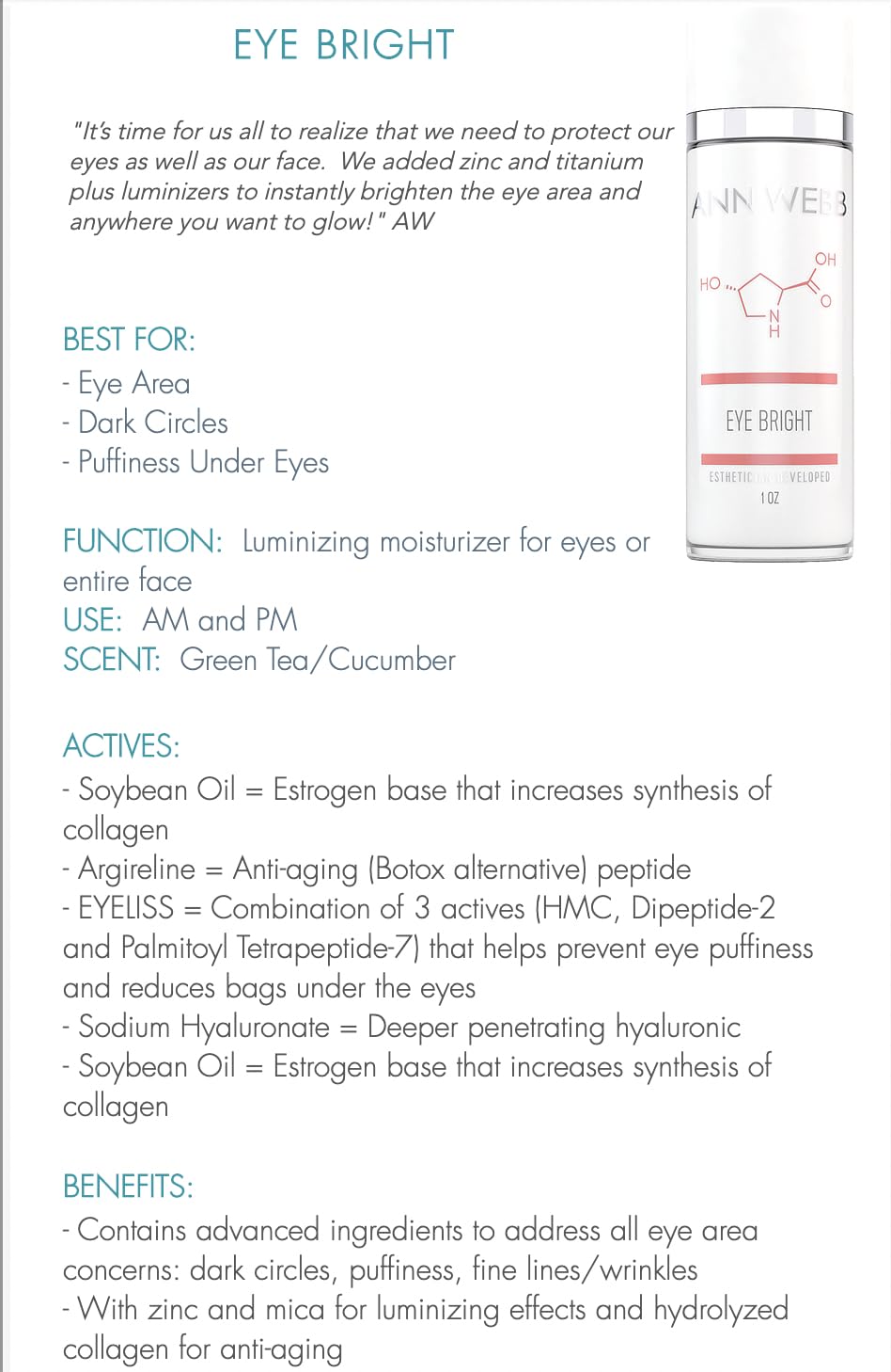 Ann Webb Eye Bright Cream - Anti Aging Eye Cream w/Collagen Peptides & Hyaluronic Acid for Dark Circles, Firms Fine Lines 2oz