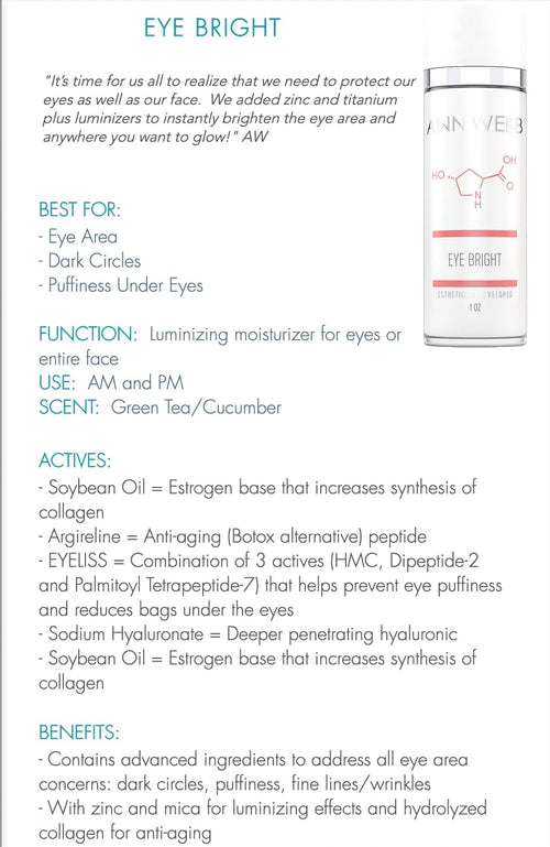 Ann Webb Eye Bright Cream - Anti Aging Eye Cream w/Collagen Peptides & Hyaluronic Acid for Dark Circles, Firms Fine Lines 2oz