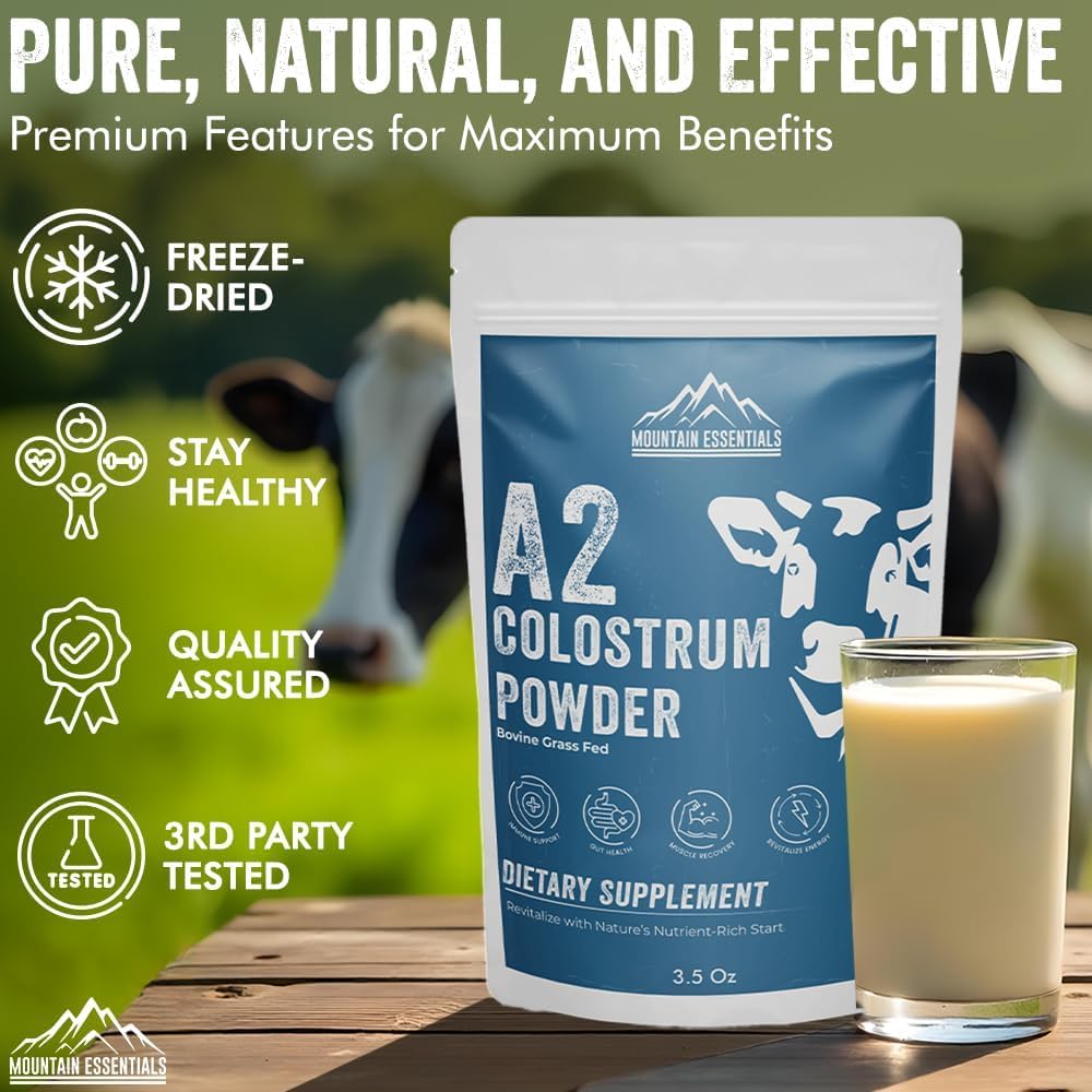 MOUNTAIN ESSENTIALS A2 Colostrum Powder 3.5 Oz Bovine Grass Fed Above 40% IGG Gluten Free, Non GMO 1 Year Shelf Life 50 Servings Pack of 2