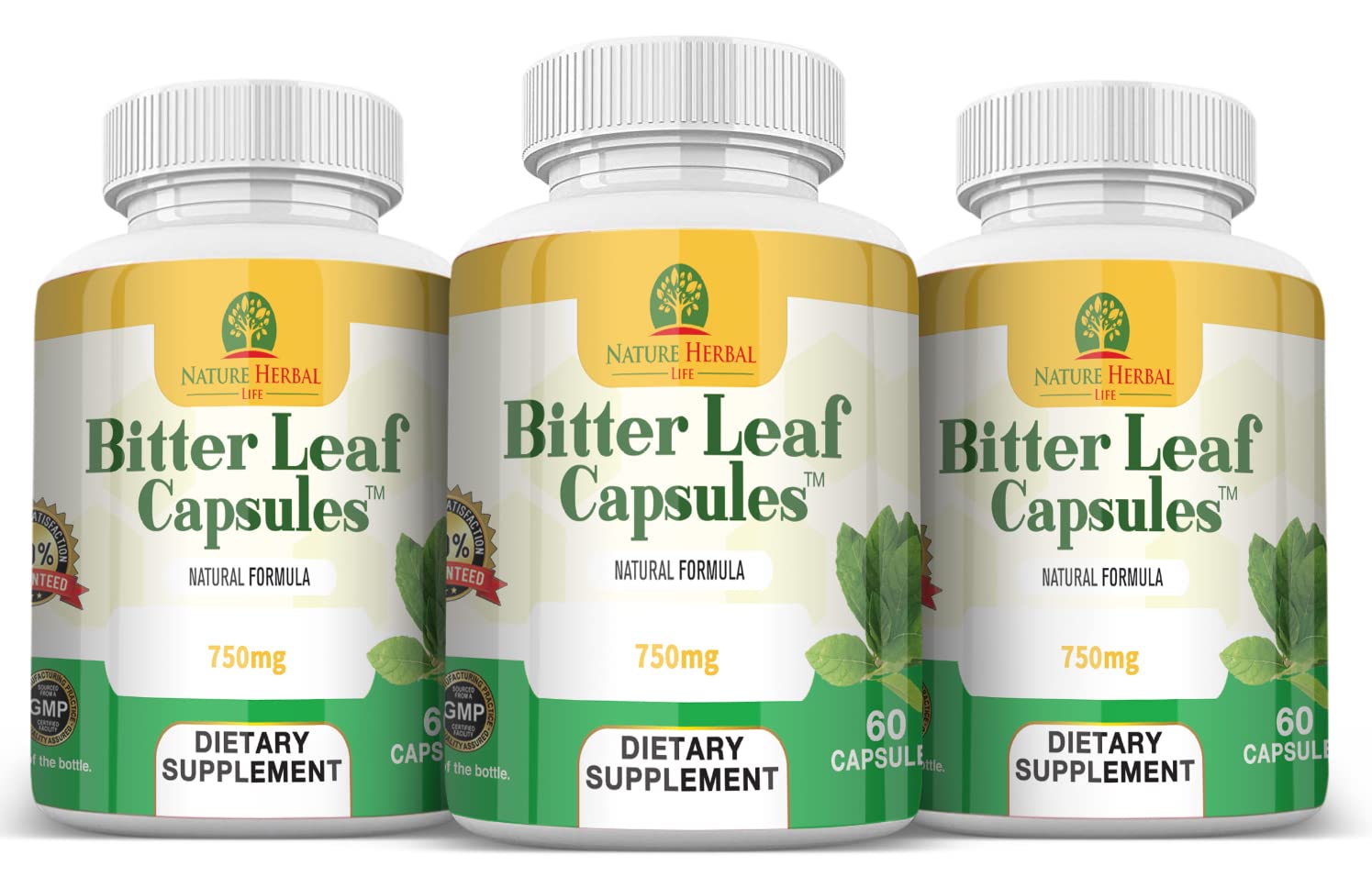 Nature Herbal Life Bitter Leaf Capsules. 750 mg. 60 Count, Natural Herbal Supplement, Green, Pack of 1