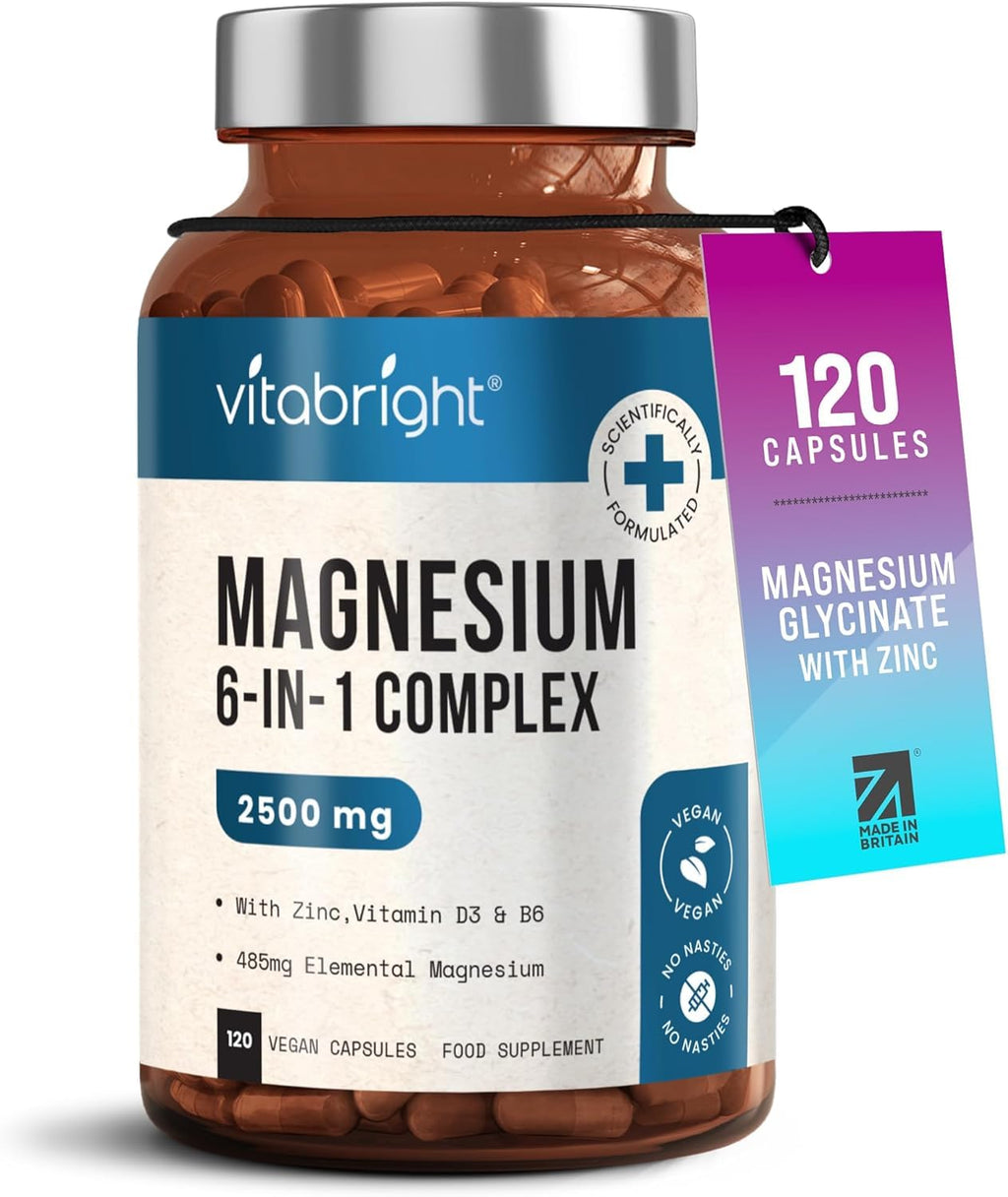 VitaBright Magnesium Glycinate Complex 6-in-1 | 2500mg, 485mg Elemental | 120 Caps | Glycinate Tablets, Zinc, Vitamin B6 & D | High Strength Magnesium Supplements for Women | ZMA Supplements for Men