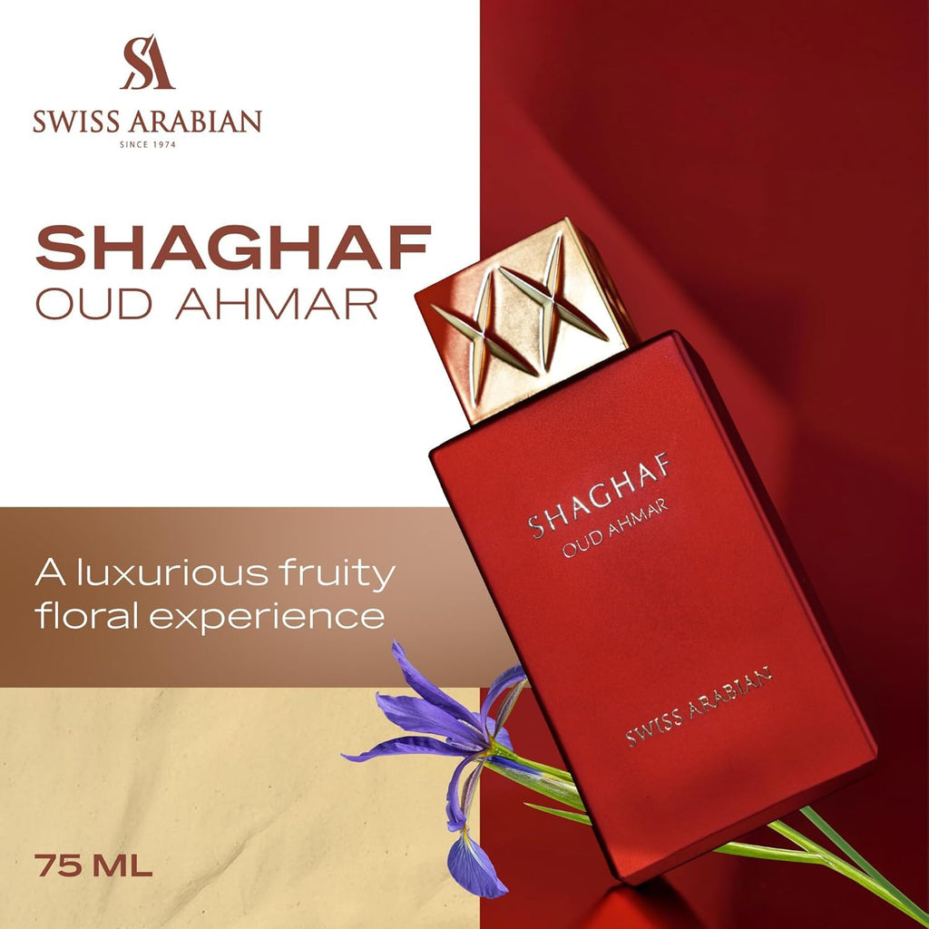 Swiss Arabian Shaghaf Oud Ahmar - Luxury Products From Dubai - Long Lasting And Addictive Personal EDP Spray Fragrance - Seductive, Signature Aroma - The Luxurious Scent Of Arabia - 2.5 oz