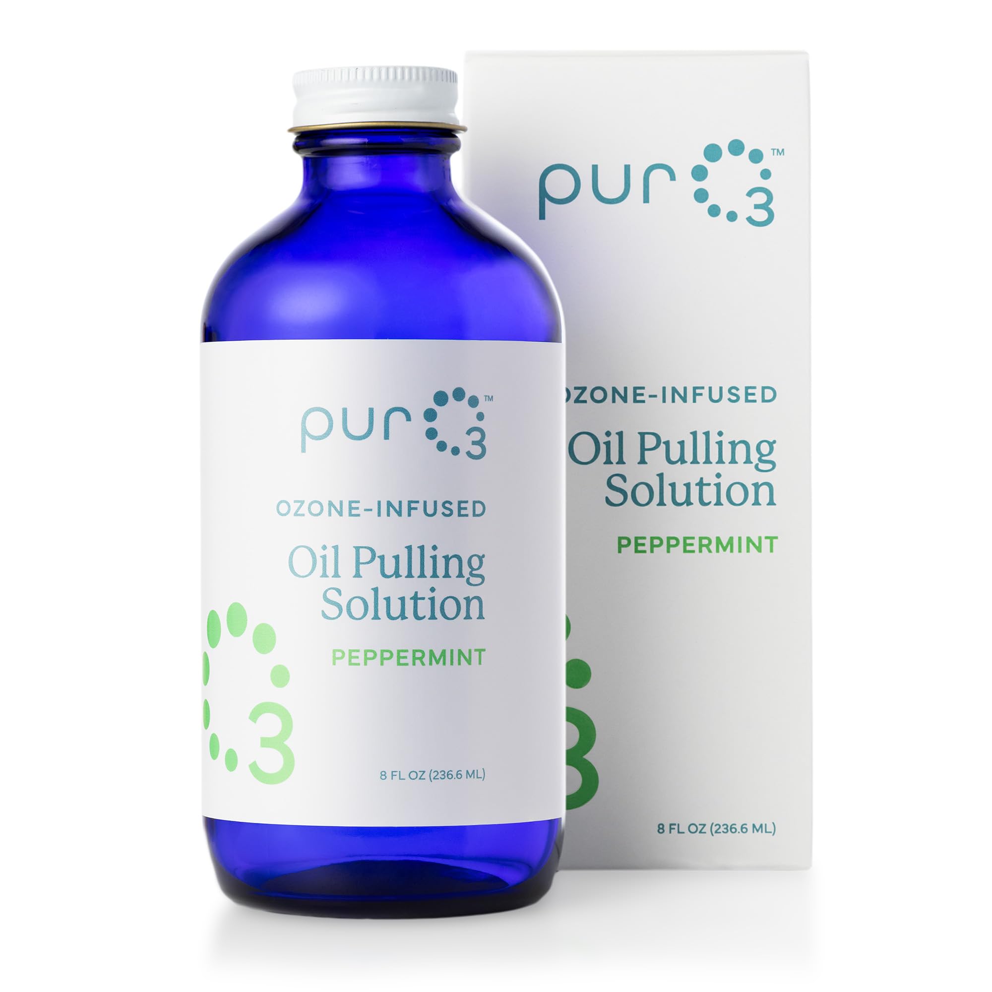 PurO3 Ozonated Oil Pulling Solution - Organic, Ozone Infused Coconut, Sesame, Sunflower, & Peppermint Essential Oils for Teeth & Gums - Fluoride-Free, Non-Toxic & Non-GMO Oral Care, 8 oz