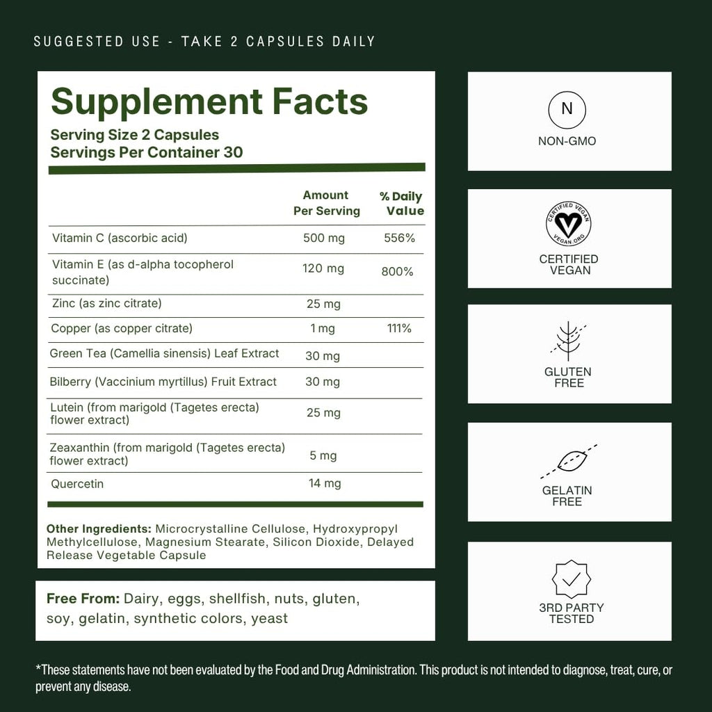 Macutene Protect Eye Vitamins for Areds 2 with Lutein and Zeaxanthin Supplements (25mg/5mg) – Doctor Formulated Bilberry Supplement for Eyes, NSF Certified, Vegan (60 Capsules)