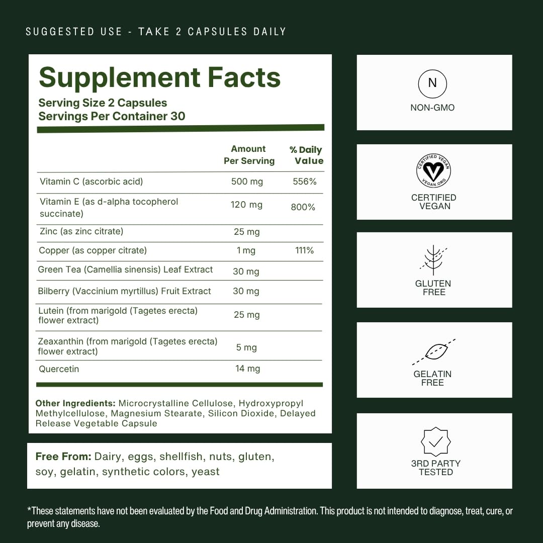 Macutene Protect Eye Vitamins for Areds 2 with Lutein and Zeaxanthin Supplements (25mg/5mg) – Doctor Formulated Bilberry Supplement for Eyes, NSF Certified, Vegan (60 Capsules)