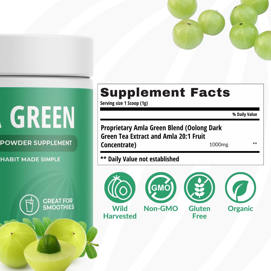 Amla Powder & Green Tea Superfood Supplement, 20x Ultra Concentrated Amla, Antioxidant Support, Made with Oolong Tea and Indian Gooseberries, Organic, Vegan, Classic Flavor, 30 Servings