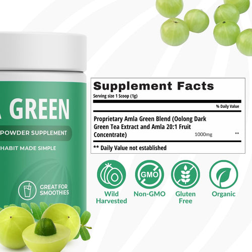 Amla Powder & Green Tea Superfood Supplement, 20x Ultra Concentrated Amla, Antioxidant Support, Made with Oolong Tea and Indian Gooseberries, Organic, Vegan, Classic Flavor, 30 Servings