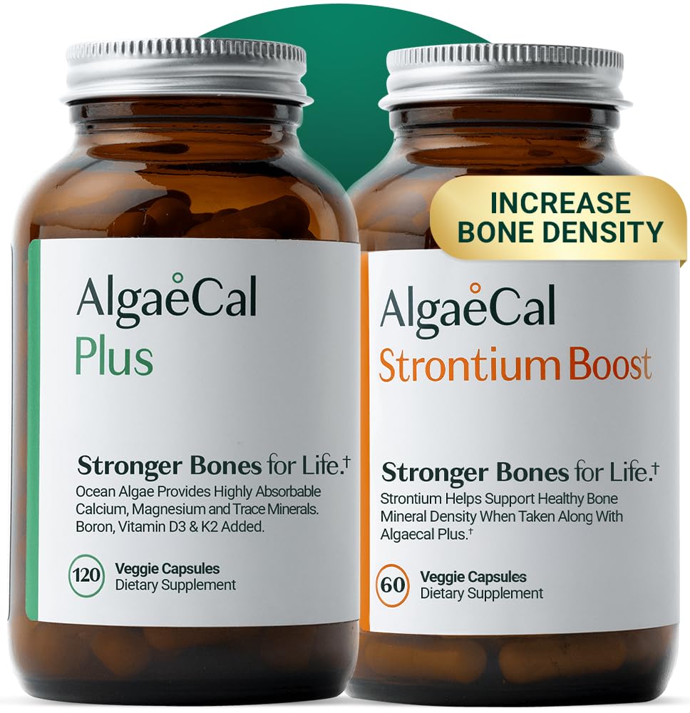 ALGAECAL Bone Builder Pack - Plant Based Calcium Supplement & Strontium - Organic Calcium 720mg with Vitamin D3 1600 IU, Vitamin K2, Magnesium, 16 Nutrients for Bone Health & Density (1-Month Supply)