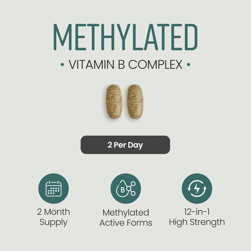 Vitamin B Complex High Strength Methylated B Vitamins | B6 Vitamins with Folate & B12 Supplements | Complete Complex with 12 Active Nutrients | Not Liquid Drops Or Spray | Vitabright