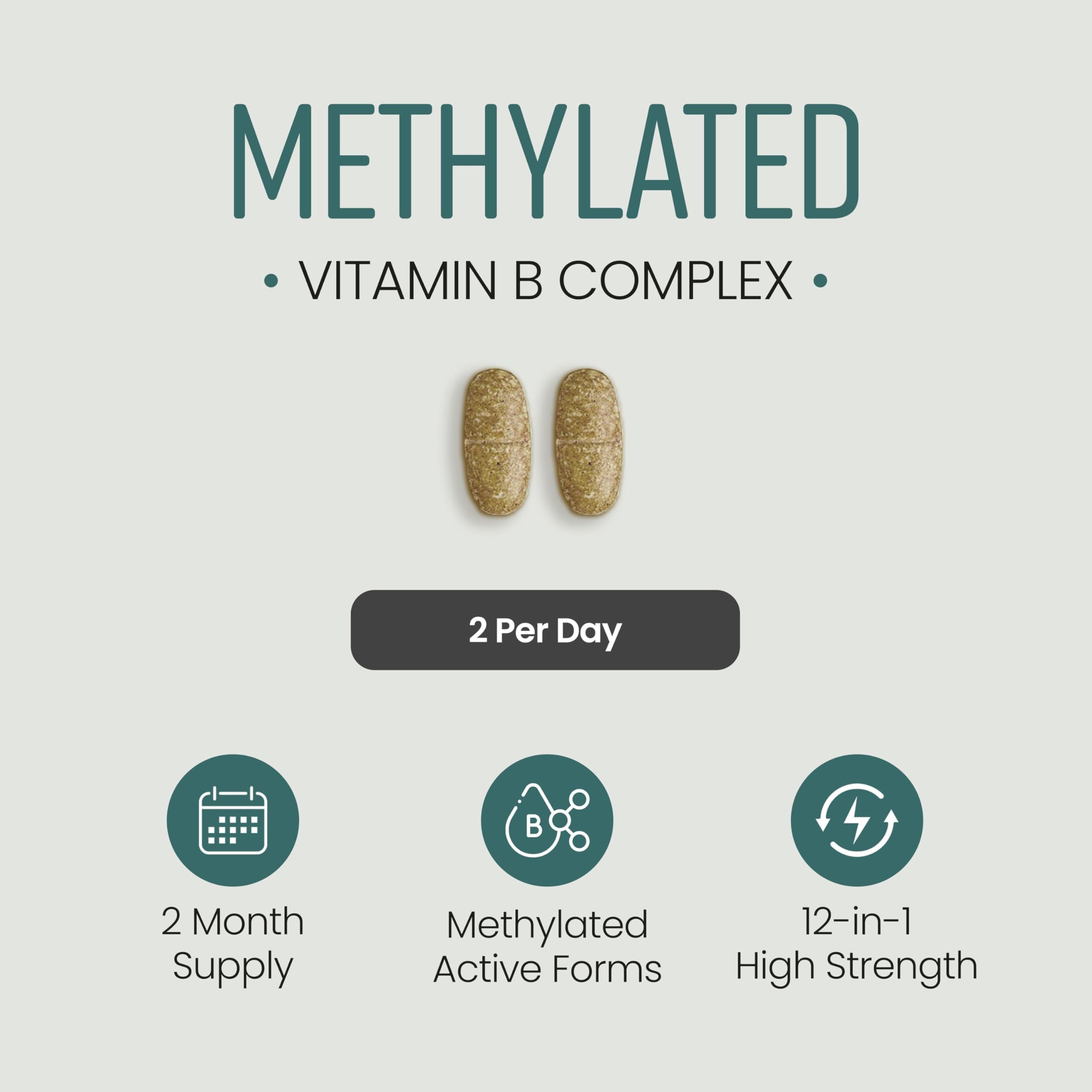 Vitamin B Complex High Strength Methylated B Vitamins | B6 Vitamins with Folate & B12 Supplements | Complete Complex with 12 Active Nutrients | Not Liquid Drops Or Spray | Vitabright