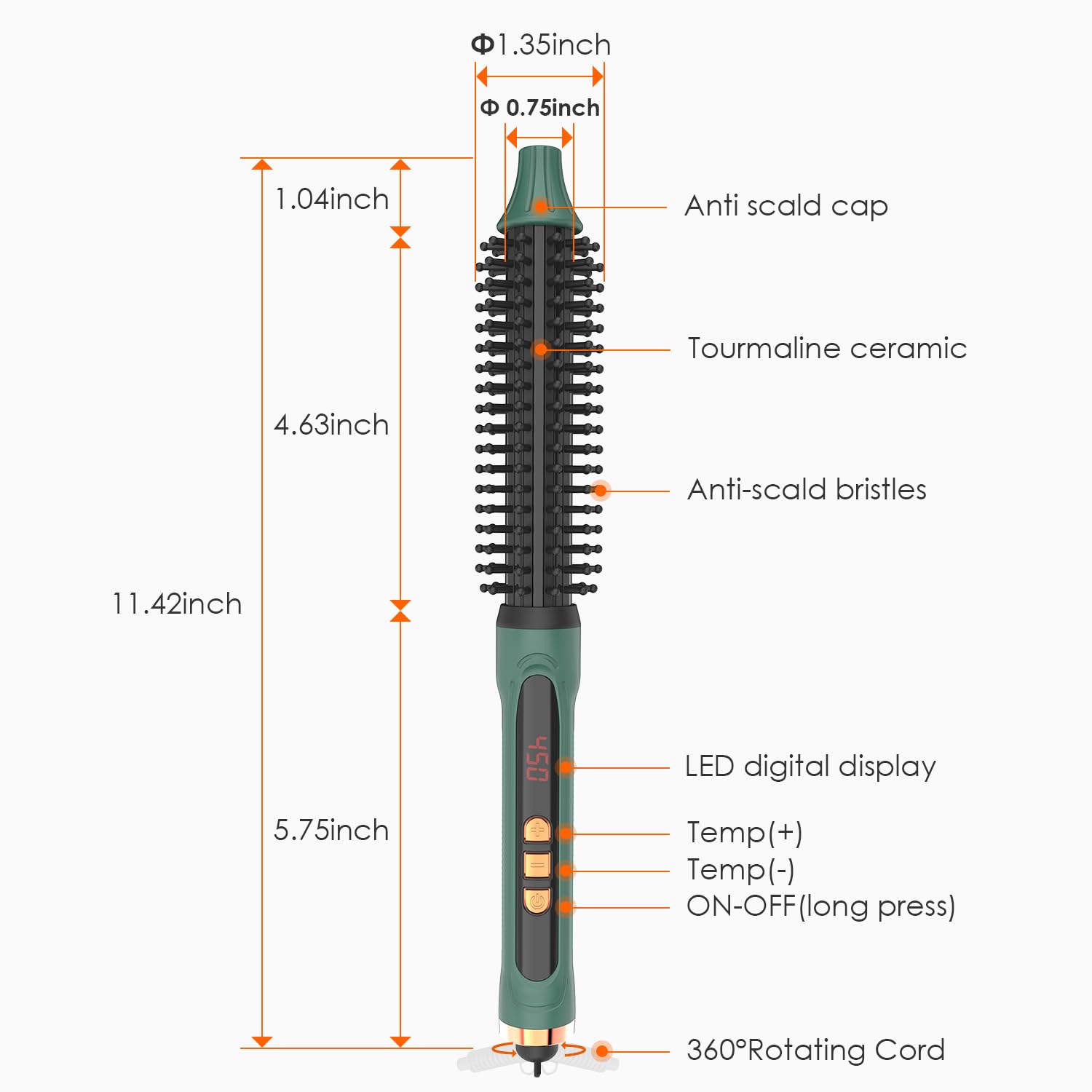 BANGMENG 3/4 Inch Barrel Thermal Round Brush, Volume Heat Styling Brush for Men and Women Medium Thin Curly Straight Hair, Heated Curling Iron,12 Temperature Setting (1.35 Inch with Bristles)