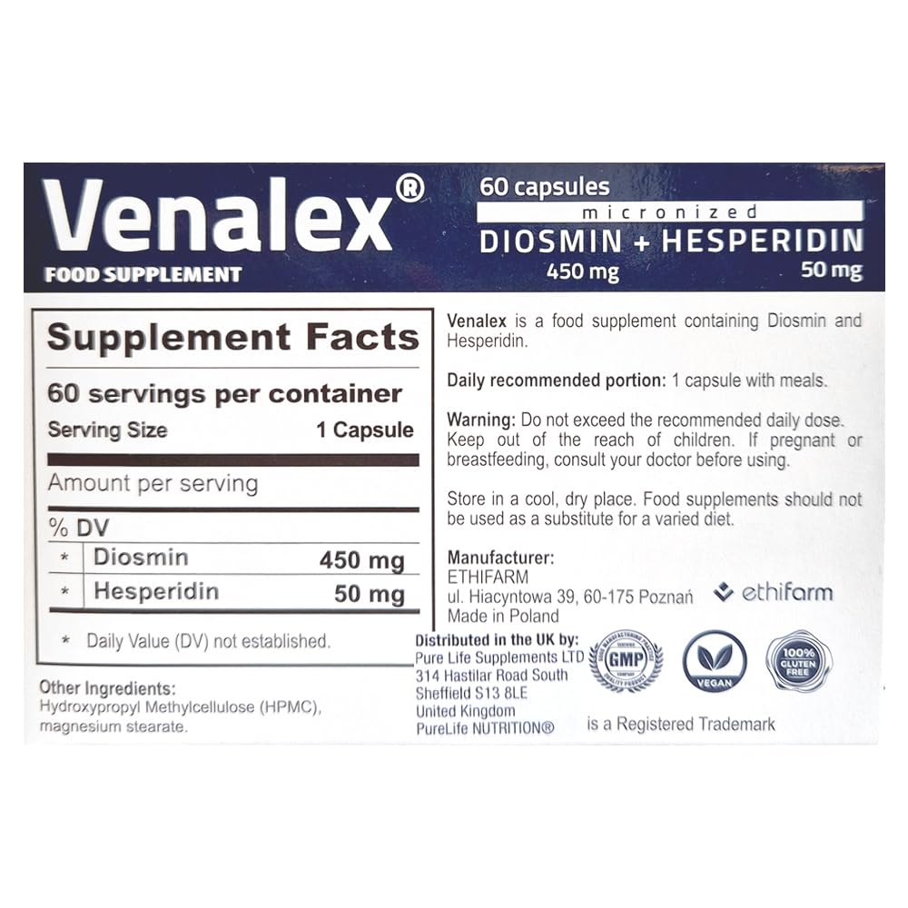 Venalex Circulation & Vein Support Supplement– MPFF Micronized Diosmin 450mg + Hesperidin 50mg (9:1) – Supports Blood Flow, Leg Comfort & Vascular Health – 60 Capsules – Vegan, Gluten Free