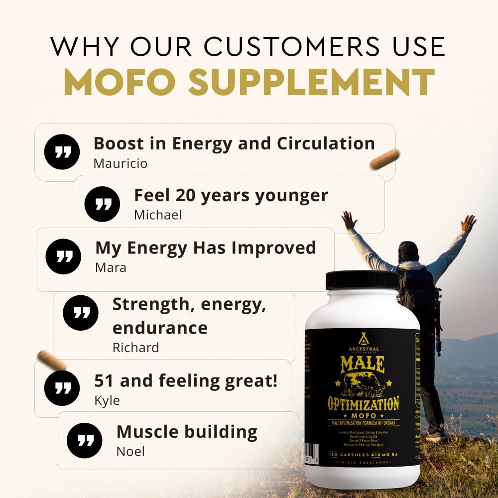 Ancestral Supplements Mofo, Supplements for Men, Support for Energy Levels and Overall Men's Health and Wellness, Non-GMO Grass Fed Beef Organ Supplement with Liver, No Fillers, 180 Capsules