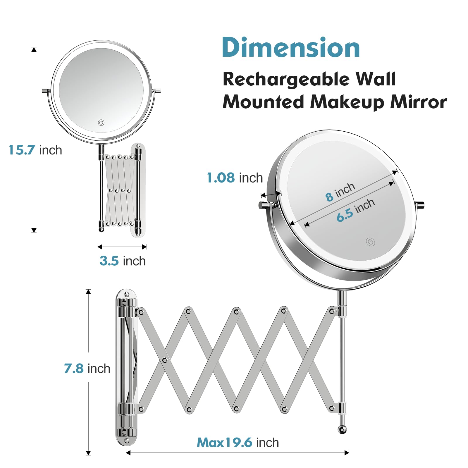5000mAh Rechargeable Wall Mounted Makeup Mirror - 8 Inch Double Sided 1X/30X Magnifying Mirror with 3 Color Lights Dimmable Touch Screen, 360°Swivel 19.6 Inch Extendable Accordion Bathroom Mirror