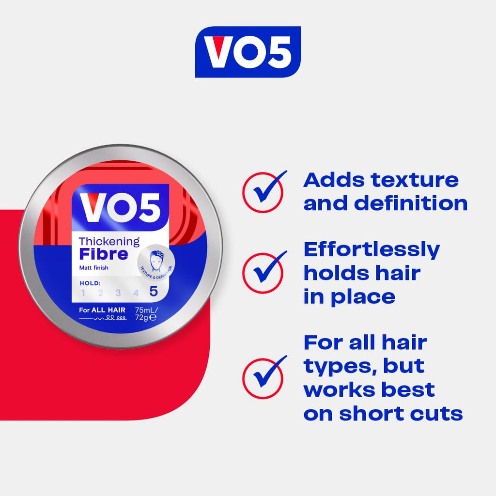 VO5 Thickening Fibre, Hair Styling Product for Volume & Texture, Extra Hold, Easy Wash Out, Matte Finish, 75ml