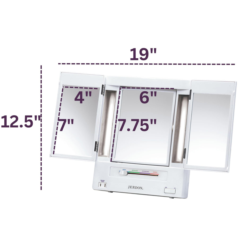 JERDON Tri-Fold Two-Sided Makeup Mirror with Lights - Vanity Mirror with 5X Magnification & Multiple Light Settings - White Base - Model JGL9W