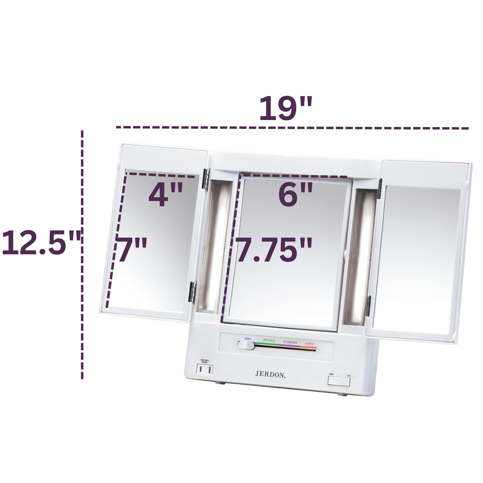 JERDON Tri-Fold Two-Sided Makeup Mirror with Lights - Vanity Mirror with 5X Magnification & Multiple Light Settings - White Base - Model JGL9W