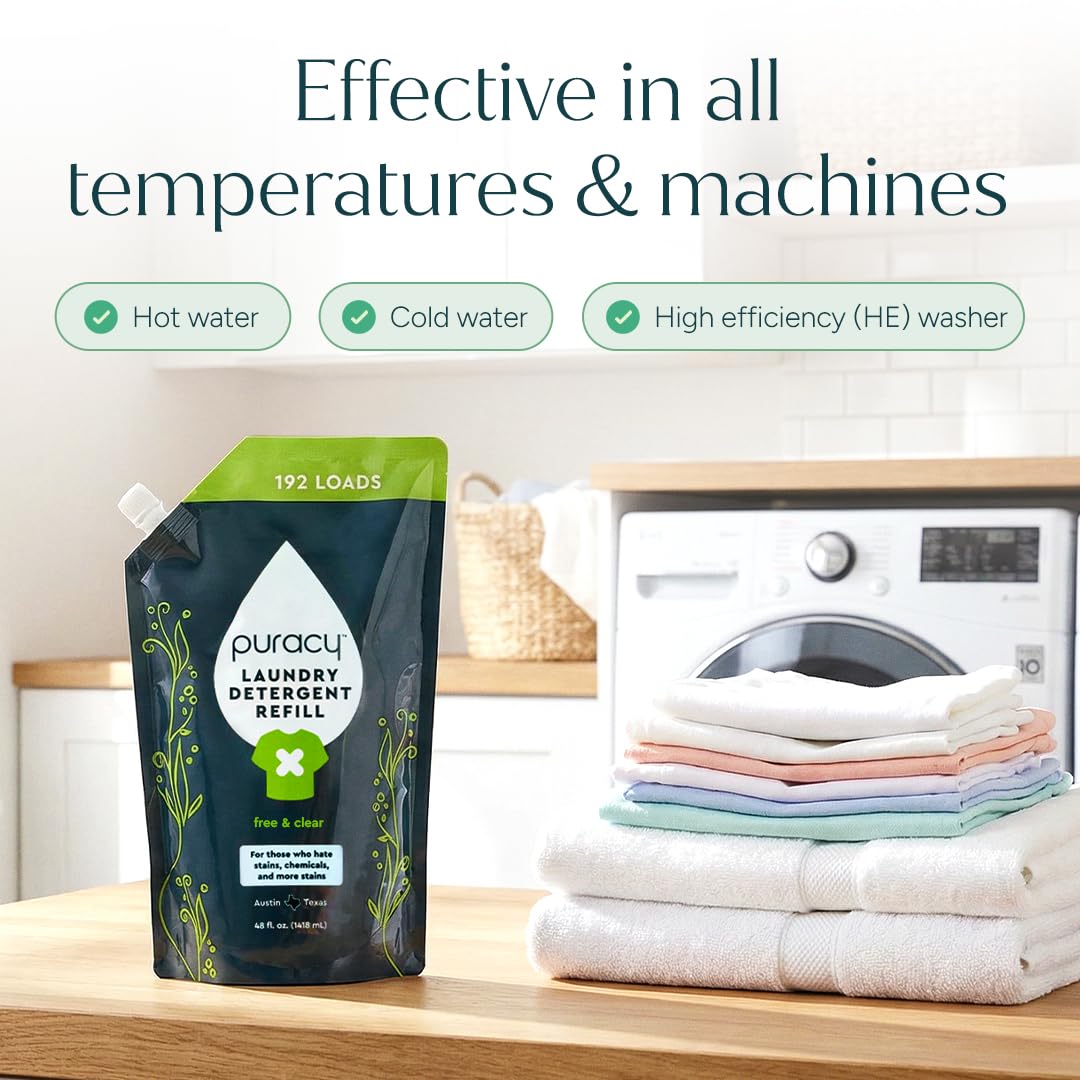 Puracy Laundry Detergent Refill - Enzyme-Powered Liquid Detergent Concentrate, Natural Laundry Detergent Seen on TikTok, Non-Toxic (Free & Clear, 48 fl oz, 192 Loads)