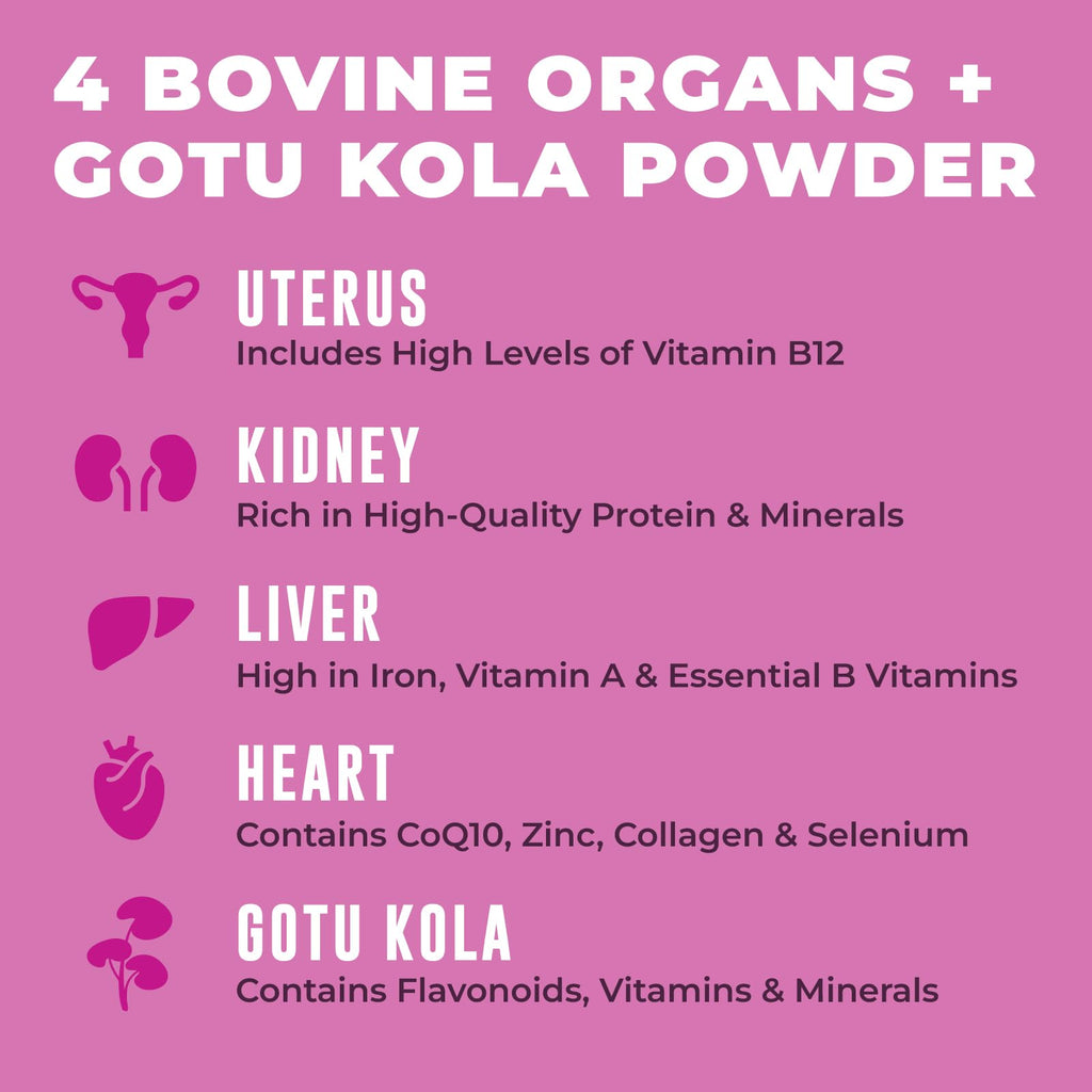 Beef Organ Supplement for Women - Beef Liver, Kidney, Heart and Uterus Tissue, Supports Women's Overall Energy and Health - Pasture Raised in New Zealand - No Fillers or Flow Agents - 120 Capsules