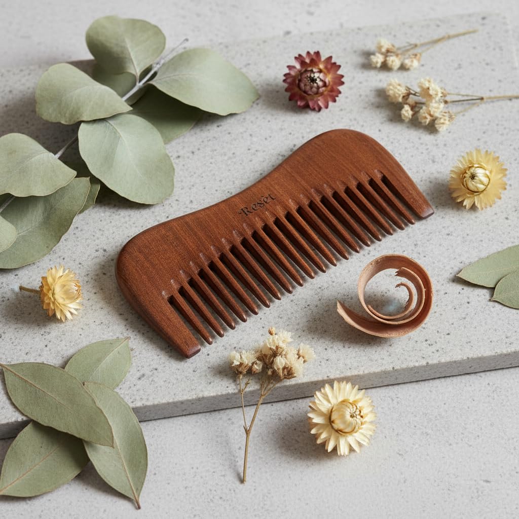 Resèt 100% Natural Handmade Sandalwood Comb | Soft Wide Tooth Wooden Comb | Eco-Friendly Anti-Static Wooden Massage Comb | Wooden Hair Detangler for Men and Women
