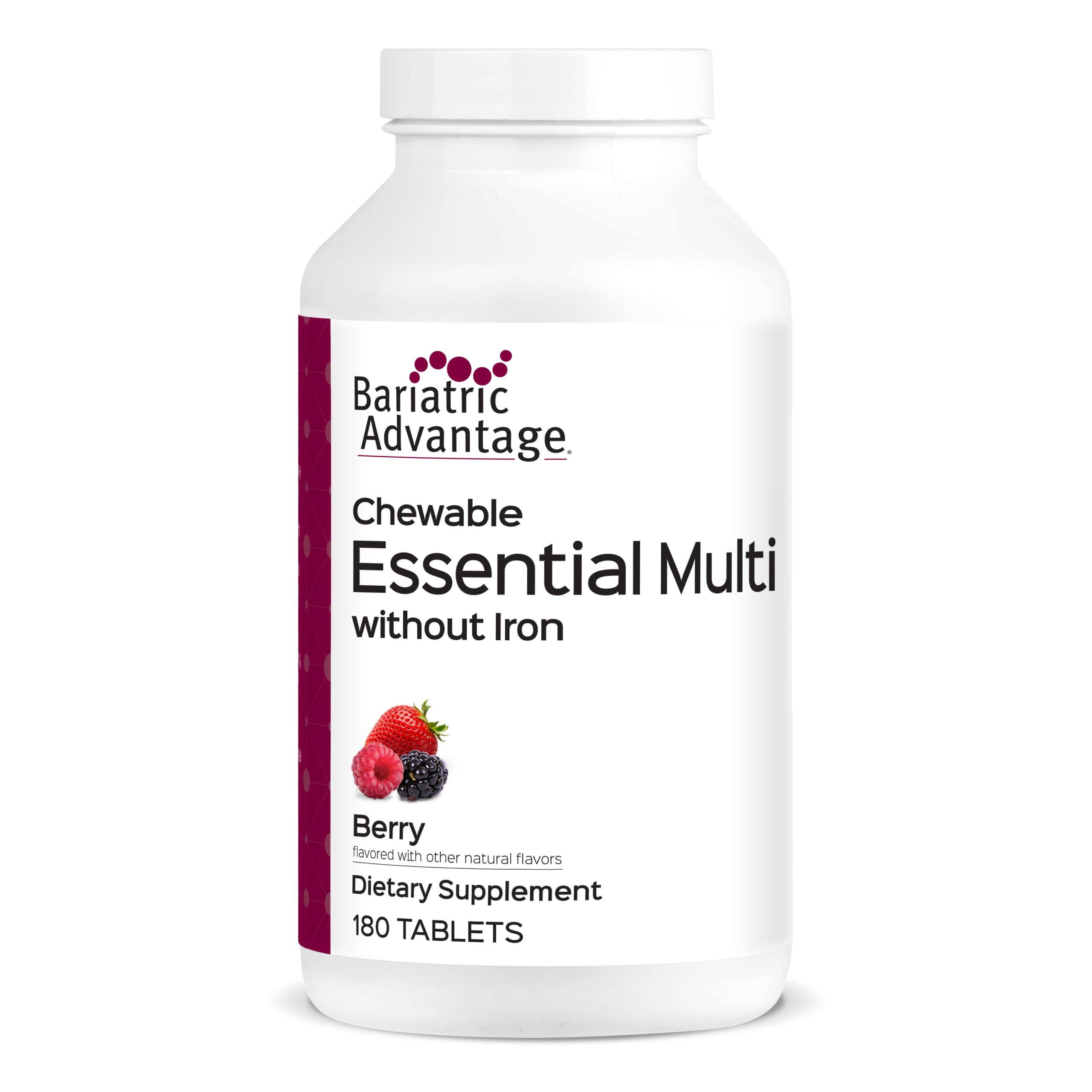 Bariatric Advantage Chewable Essential Multivitamin Without Iron - 200 DV of Key Nutrients - Trace Mineral Support - Multivitamins for Bariatric Patients - Berry - 180 Count