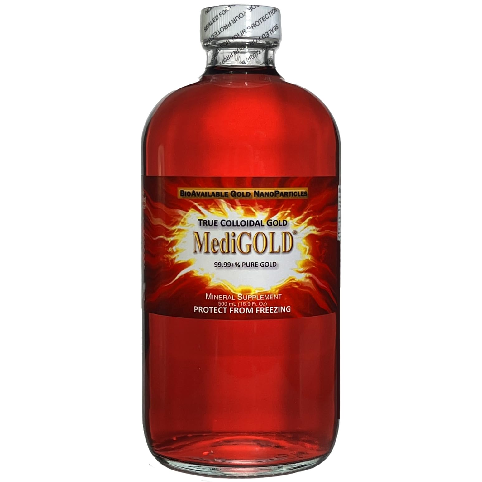 MediGOLD True Colloidal Gold Dietary Supplement - 500 mL (16.9 Fl Oz) in Clear Glass Bottle