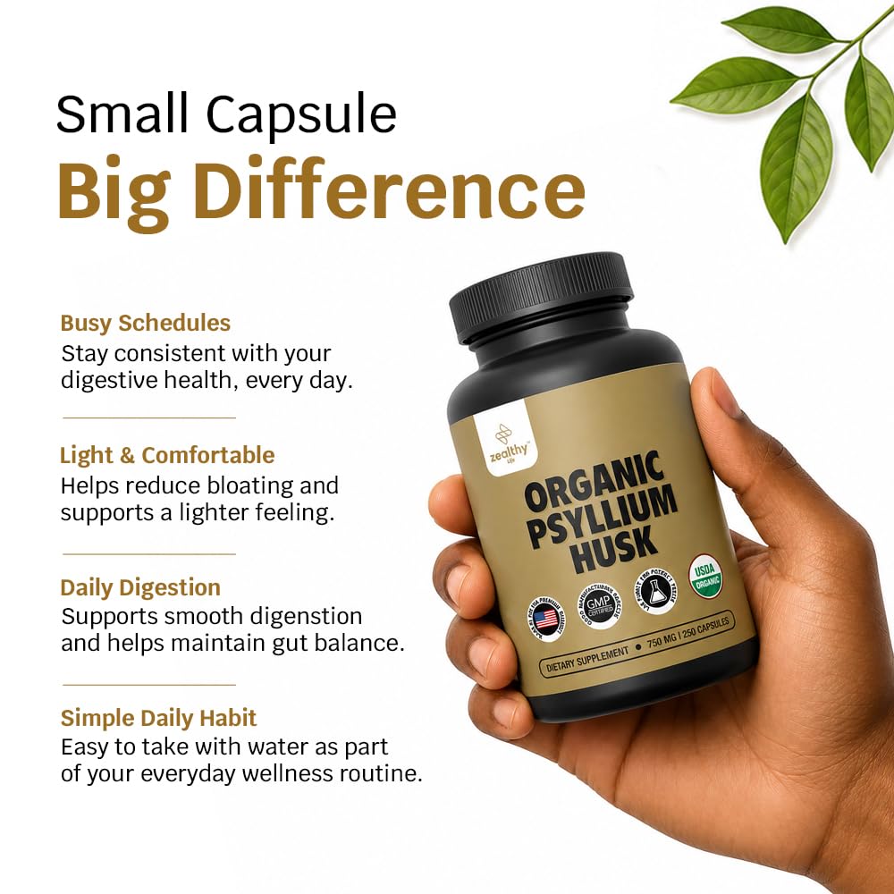 Organic Psyllium Husk Capsules 750 mg, Natural Fiber Supplement for Gut Health* - Alternative to Psyllium Husk Powder, Zealthy Life, 250 Capsules