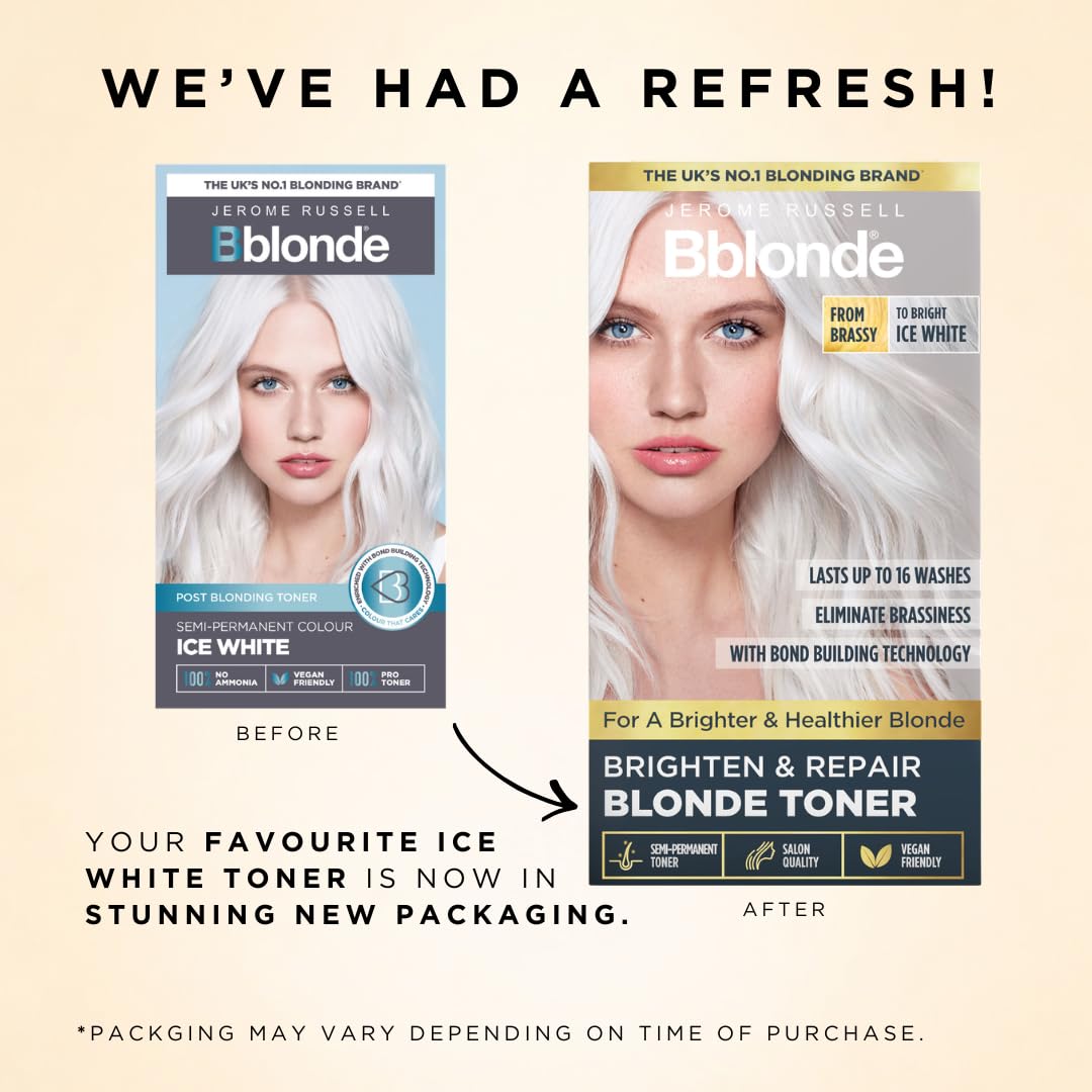 Jerome Russell Bblonde Ice White Post Blonding Toner - Semi Permanent Hair Dye Kit for Pre Lightened & Blonde Hair with Brazil Nut Oil, No Ammonia & Vegan