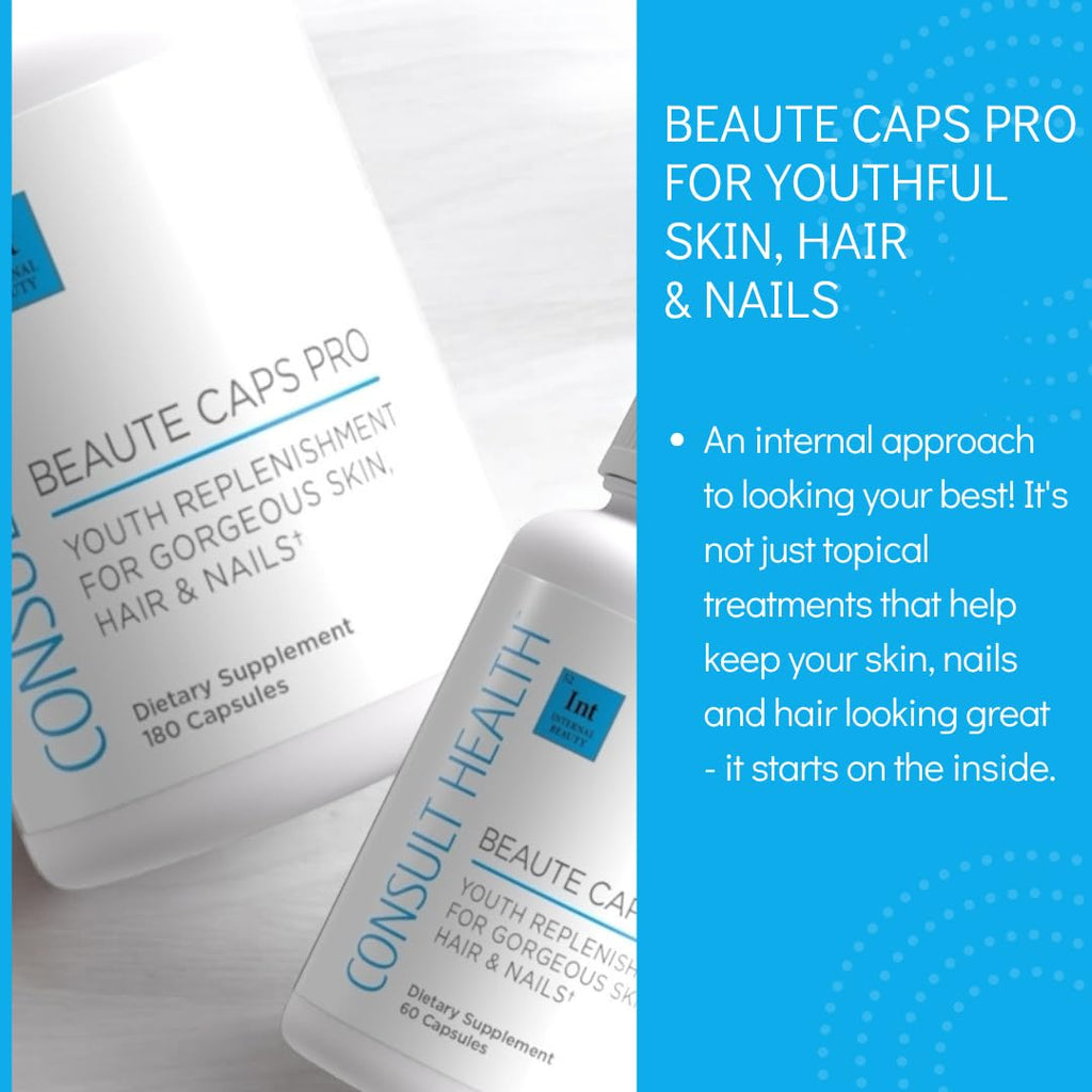Consult Health Beaute Caps PRO, Biotin 10,500 mcg, Clinically Tested Supplement with Collagen & MSM, Supports Healthy Hair Growth, Skin and Nails, USA Made, 60 Capsules