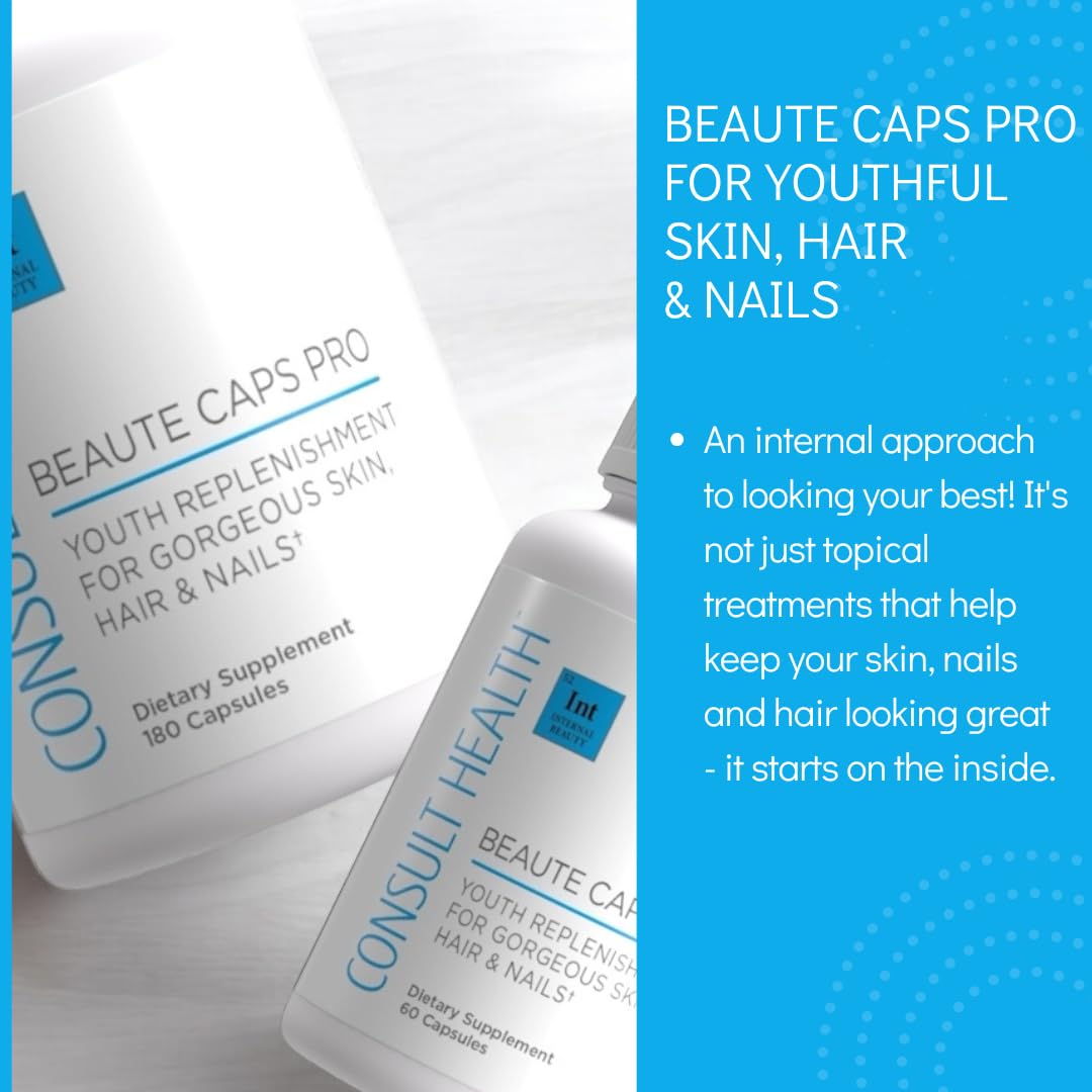 Consult Health Beaute Caps PRO, Biotin 10,500 mcg, Clinically Tested Supplement with Collagen & MSM, Supports Healthy Hair Growth, Skin and Nails, USA Made, 60 Capsules