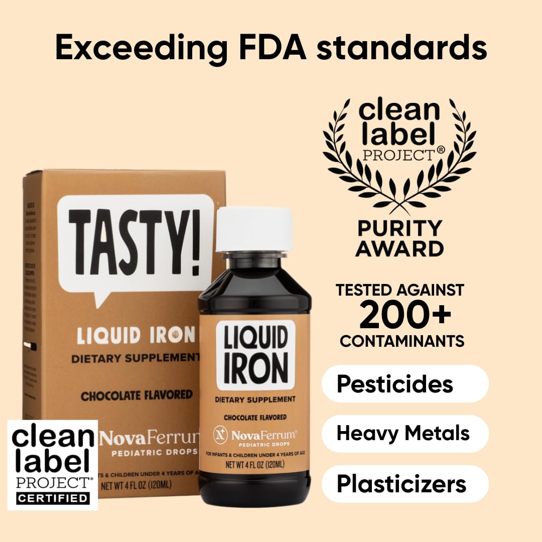 NovaFerrum Tasty | Pediatric Drops Liquid Iron Supplement for Infants, Toddlers & Kids | 15mg of Iron Per 1mL Dose | Ages 4 & Under | Gluten Free | Sugar Free | Chocolate Flavored | 120 Servings