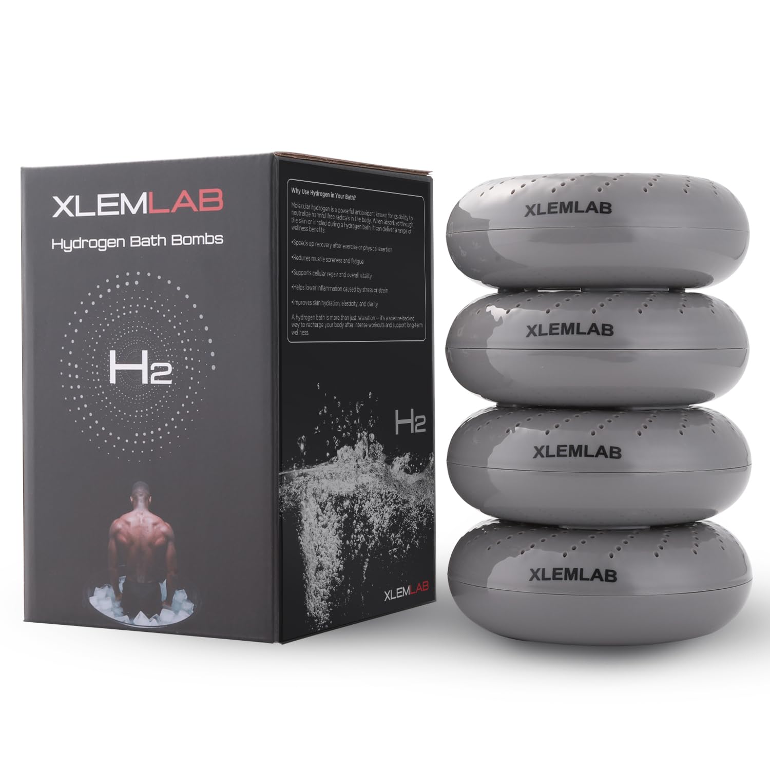 XLEMLAB H2 Hydrogen Bath Bombs for Muscle Recovery– Molecular Hydrogen Tablets for Bath,H2 Water Soaks, Relaxing Post-Exercise Routine,Gift for Men, 4 Packs Gray