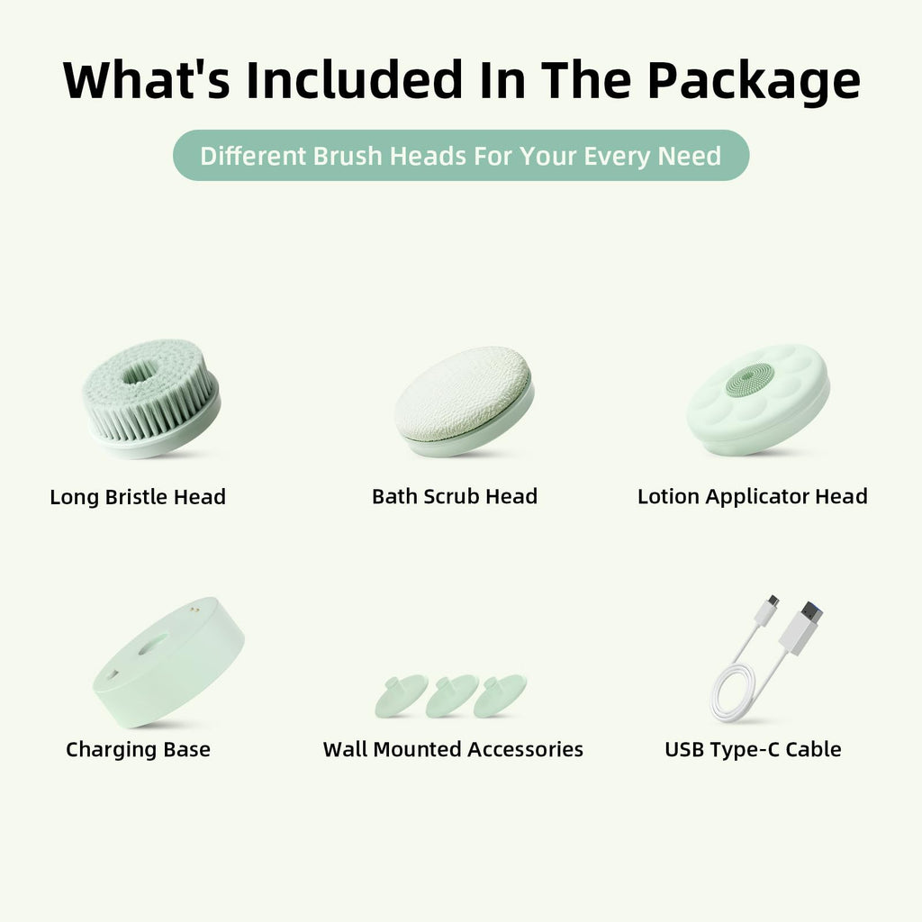 Oh,XIYU. Electric Body Brush Back Scrubber for Shower, Waterproof Long Dual Handle Body Scrubber with 3 Heads, Bath Brush & 2 Speeds, for Cleansing, Exfoliating and Massaging Skin, Pale Cypress Green