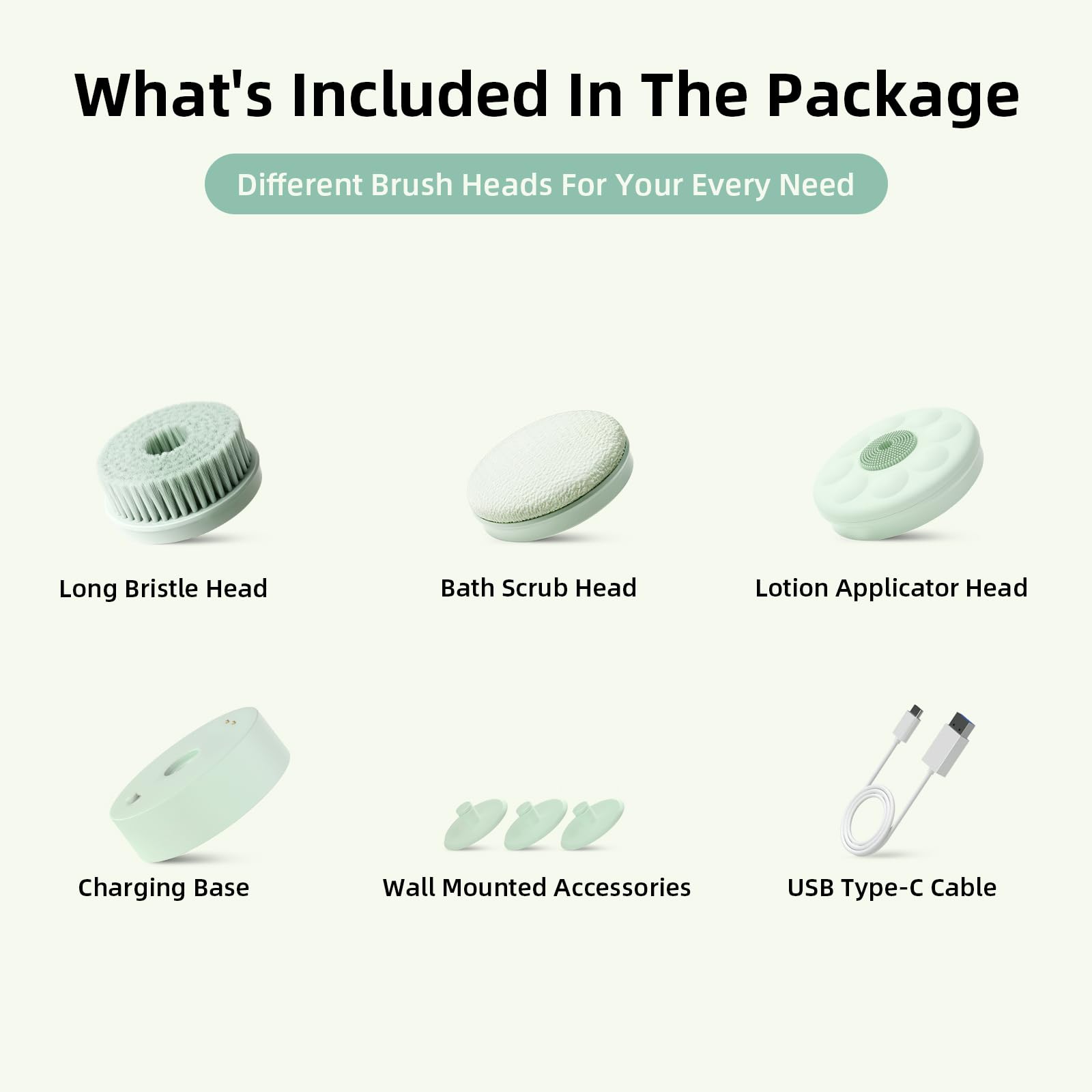 Oh,XIYU. Electric Body Brush Back Scrubber for Shower, Waterproof Long Dual Handle Body Scrubber with 3 Heads, Bath Brush & 2 Speeds, for Cleansing, Exfoliating and Massaging Skin, Pale Cypress Green