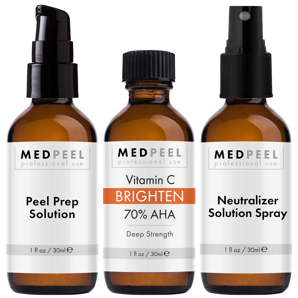 MedPeel 70% AHA & Vitamin C Brightening Essential Chemical Peel at Home Kit, Includes Peel, Prep, Neutralizer, Deep Strength Professional Grade Chemical Face Peel, Reduces Age Spots, 1oz/30ml
